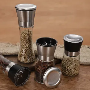 Set de molinillo de pimienta manual de acero inoxidable con cuerpo de vidrio para cocina.