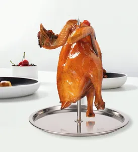 Vertical stainless steel chicken roaster rack with base tray for BBQ grill roasting