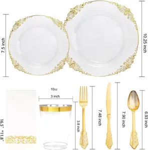 Dimensions détaillées montrant la taille des assiettes et des couverts dorés