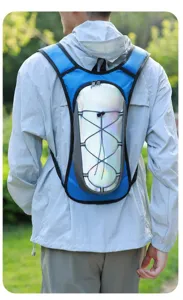 Reflective hydration backpack for outdoor running and cycling with blue and silver design
