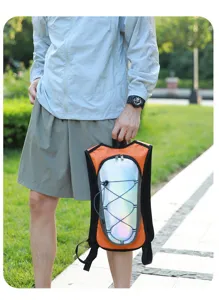 Detail view of lightweight hydration backpack for running with holographic reflective panel
