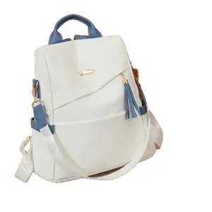 Elegant white and blue anti-theft backpack for women with large capacity