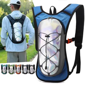 Lightweight waterproof running hydration backpack with holographic reflective panel, multi-color