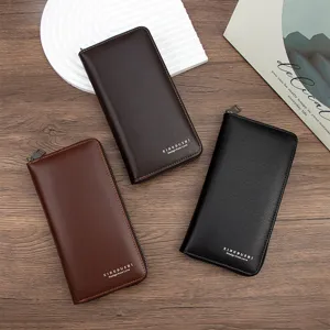 Close-up of men's brushed leather long zipper wallets in black and brown shades
