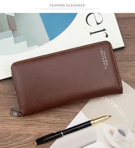 Brown brushed leather long wallet for men with secure zipper closure