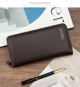 Detail view of a men's long brushed leather wallet with zipper closure and logo.