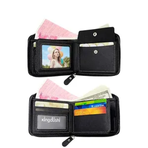 Cartera corta negra para hombre con cierre de cremallera y múltiples ranuras