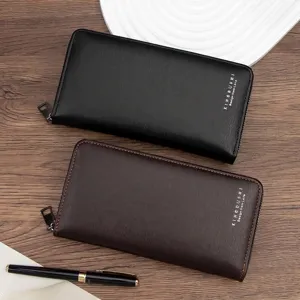 Men's Long Wallet Brushed PU Leather Zip Around Clutch Bag Large Capacity Phone Card Holder Wallet For Business Casual Daily