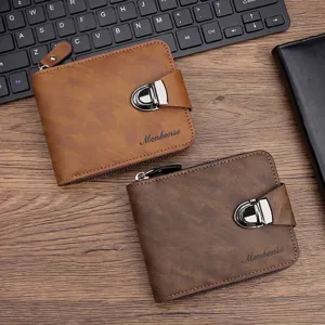 Portefeuille Court Homme Pliable en Trois Avec Serrure Métallique Cuir PU Fermeture Éclair Poche à Monnaie Porte-Cartes Business D575-1
