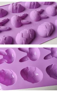 Detailed macro view of purple food-grade silicone Easter mold with bunny and egg shapes