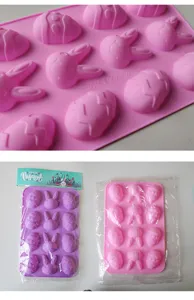 Close-up detail and packaged view of Easter rabbit and egg shaped silicone baking mold