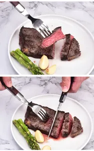 Gedetailleerd gebruik van een roestvrijstalen steakmes en vork met houten greep