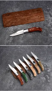 Couteau de poche pliant en acier inoxydable avec manche en bois pour le camping en plein air.