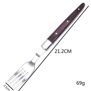 Gedetailleerde afmetingen van stalen steakvork met houten handvat, lengte 21,2 cm
