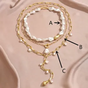 Elegant layered Baroque pearl Y-shaped tassel necklace with gold-plated paperclip chain