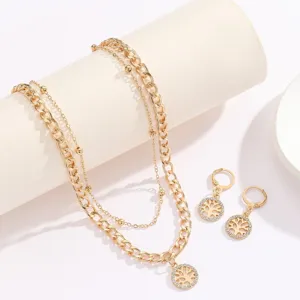 European American Trendy Double Layer Rhinestone Tree Of Life Pendant Necklace Earrings Set Alloy Jewelry Gift