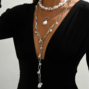 Elegant layered baroque pearl Y-shaped tassel necklace with silver chain for women