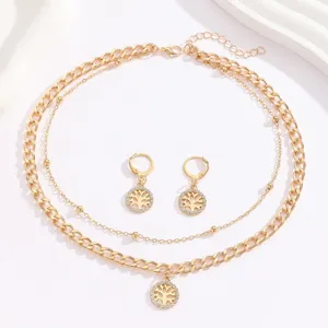Gold tree of life double layer necklace earrings set with sparkling rhinestones for women.
