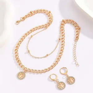 Gold layered rhinestone tree of life necklace earrings set for women fashion jewelry chic