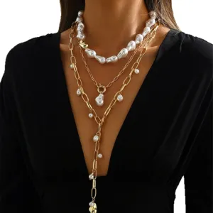 Elegant multi-layered Baroque pearl necklace with Y-shaped tassel design for women