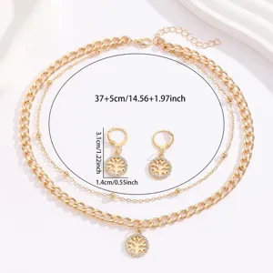 Gold layered chain necklace earrings set with rhinestone tree of life pendant for women chic