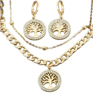 European and American trendy double-layer rhinestone tree of life necklace earrings set