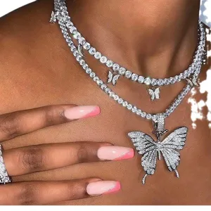 Bling rhinestone butterfly pendant necklace set with tennis chains for hip-hop style