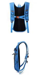 Back and side views of a light blue portable hydration pack for cycling and outdoor sports