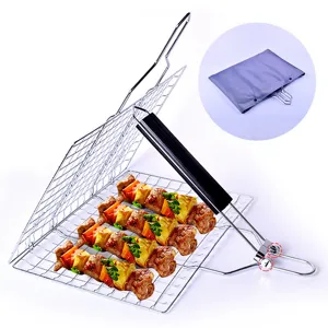 Professional detachable stainless steel BBQ grill basket with meat skewers and bag