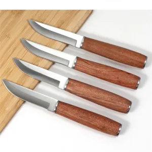 Detailed view of four traditional fixed-blade meat knives with textured rosewood handles