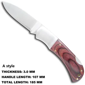 Close-up detail of outdoor folding knife with wood handle, 185mm total length.