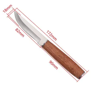 Detailed measurement view of a fixed blade meat knife featuring a rosewood handle