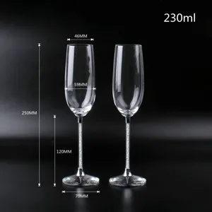 Dimensiones detalladas de las copas de champán de cristal de 230 ml con tallo de diamante