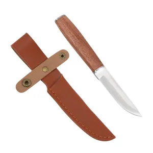 Detail view of fixed blade meat knife with rosewood handle and leather sheath