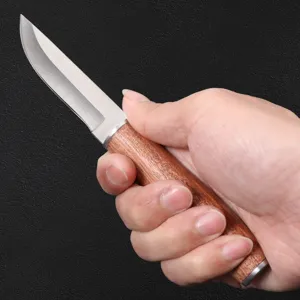 Detailed close-up of a non-foldable meat knife with a polished Dalbergia wood handle