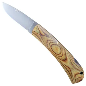 Classic folding pocket knife with a colorful wood handle and stainless steel blade