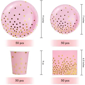 Set tavola per feste a pois rosa e oro con piatti, tazze e tovaglioli, 50 pezzi per tipo.