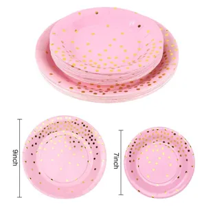 Piatti di carta usa e getta rosa con pois dorati nelle misure da 9 e 7 pollici