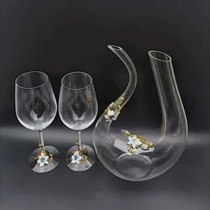 Crystal wine decanter set with 2 red wine goblets, enamel flower and rhinestone decor.