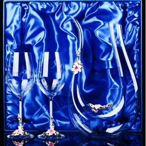 Crystal wine decanter set with elegant enamel flower goblet glasses for luxury home gifts.