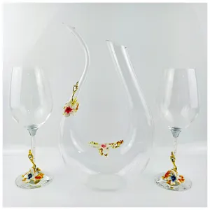 Crystal wine decanter set with enamel flower goblets, luxury glassware gift for party.