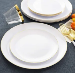 Elegantes weißes Einweggeschirr-Set mit Goldrand inkl. Teller, Becher und Besteck