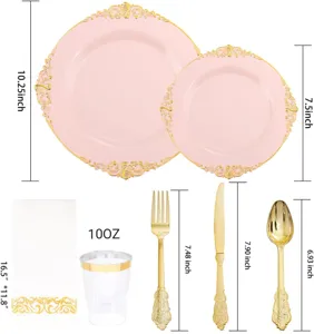 Dimensions détaillées de l'ensemble de vaisselle jetable 175 pièces rose et or gaufré