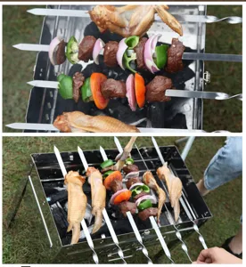 Lange Grillspieße aus Edelstahl für Fleisch und Gemüse im Freien, flaches Design