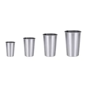 Set of four high-quality 304 stainless steel cups in various sizes for cold drinks and beer.