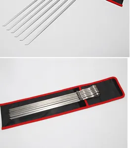 Langlebiges Grillspieß-Set aus Edelstahl mit Wellengriffen und roter Tragetasche