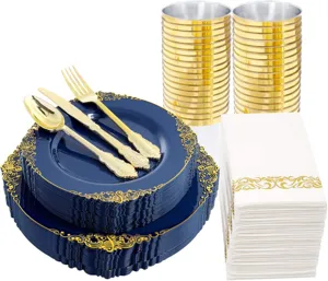 Vue détaillée du service de table jetable 175 pièces bleu et or avec couverts