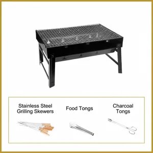 Portable large folding outdoor charcoal BBQ grill set with 10 skewers and 2 tongs, black