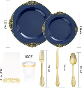 Spécifications de taille pour vaisselle jetable bleue et dorée, assiettes et couverts