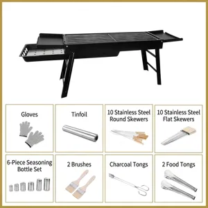 Outdoor large portable folding charcoal BBQ grill with comprehensive 8-piece tool accessory set